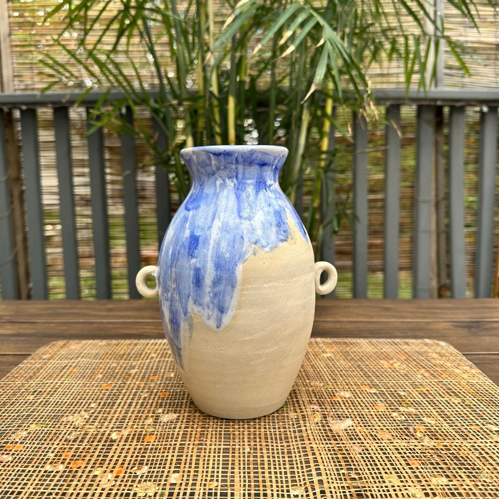Lemax Shiwan Ware MCM Pottery Drip Glaze Vase Blue Red Art Stamped China